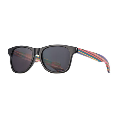 Bifocal sunglasses front view with dark lenses, black frame, and rainbow striped arms