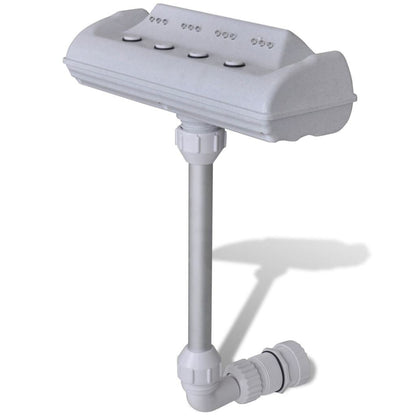 White waterfall pool fountain with control panel and vertical pipe