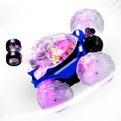 Remote control stunt car in blue with clear bubble wheels and pink LED lights
