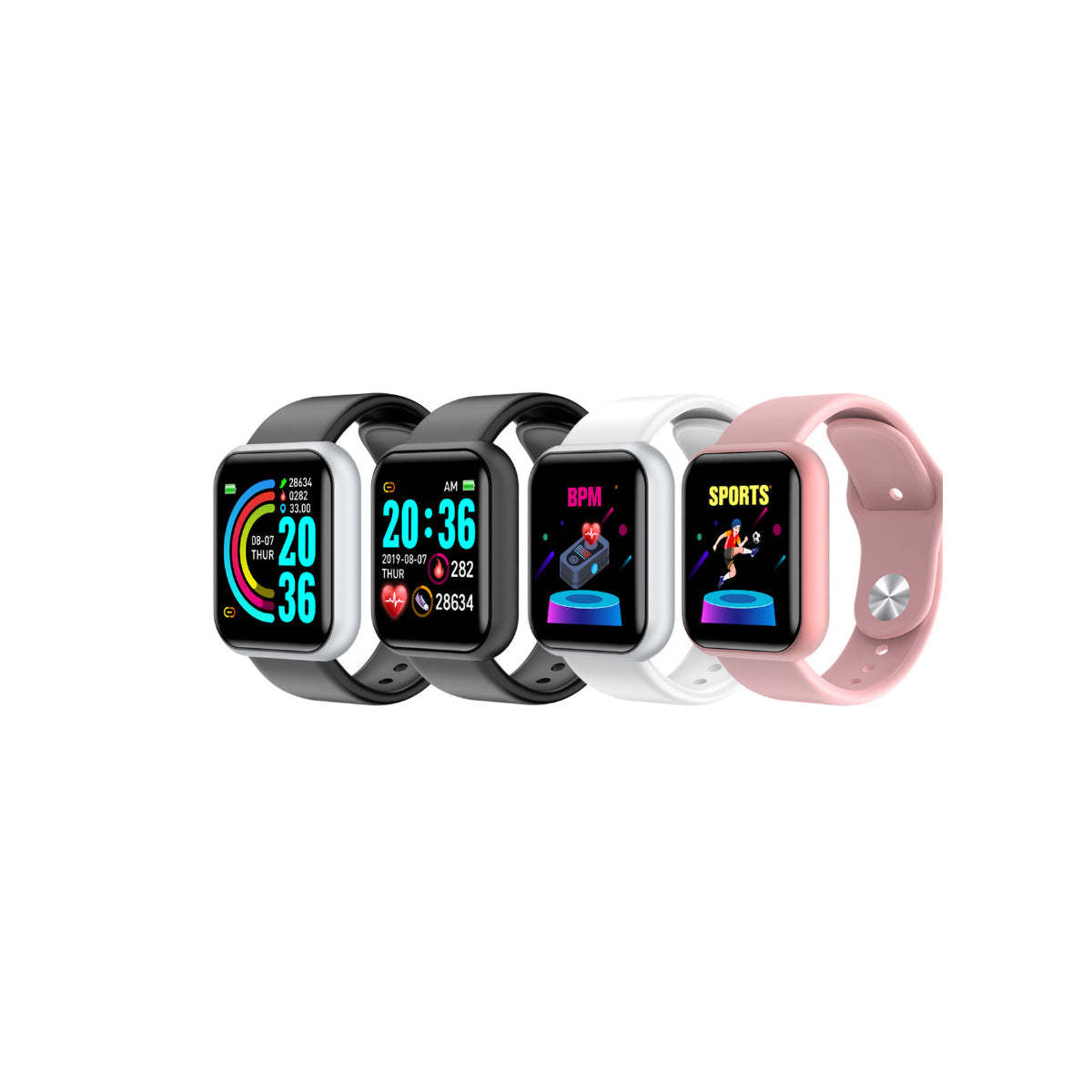 Smart watch models with black, silver, white, and pink silicone bands and displays.