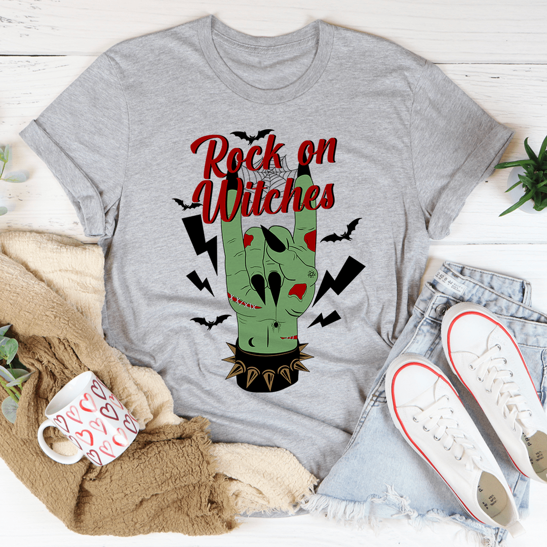 Athletic heather grey crewneck T-shirt with green witch skull and 'Rock on Witches' print