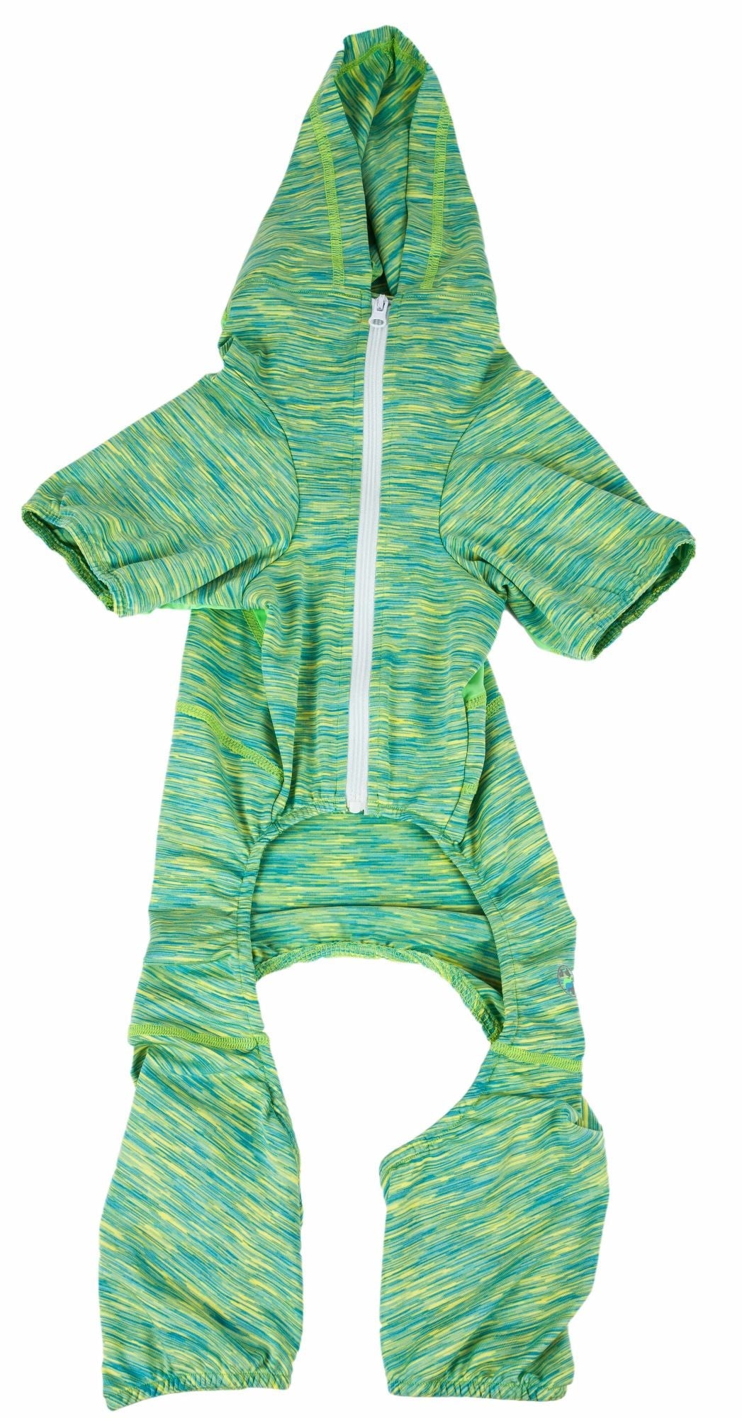 Dog full-body hoodie with zip front and hood, two-tone neon green and blue heather