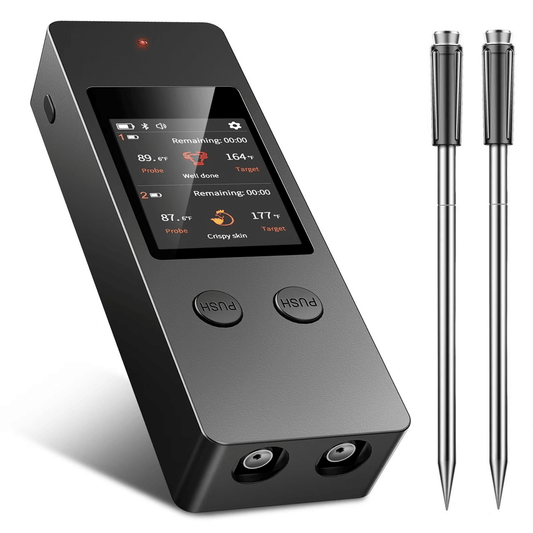 PSJX369 BBQ Meat Thermometer-SUS304 Stainless Steel with Bluetooth 5.2 Connectivity (700ft range), 24-hour battery life, 1-second response time. Features probe temperature display and audible alarm.