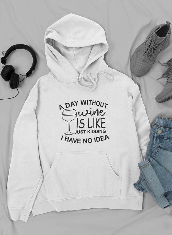 White pullover hoodie, front graphic text, kangaroo pocket, and drawstring hood, front view