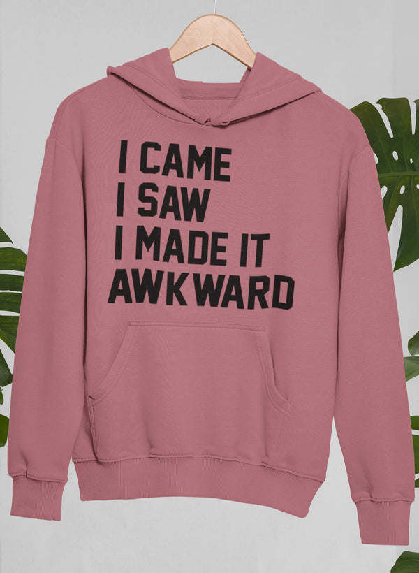 Mauve pullover hoodie with drawstring hood, kangaroo pocket, and bold front text graphic