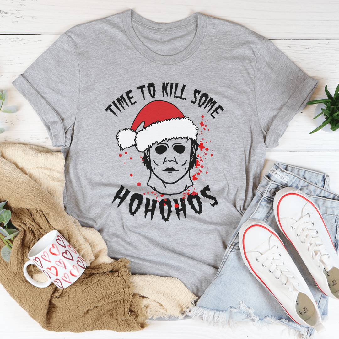 Dark grey heather T-shirt with Santa hat skull graphic and bold front lettering.