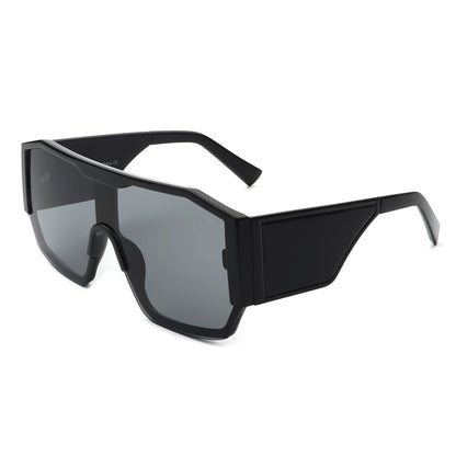 Oversize square aviator sunglasses, side view, black frame and gray tinted lenses
