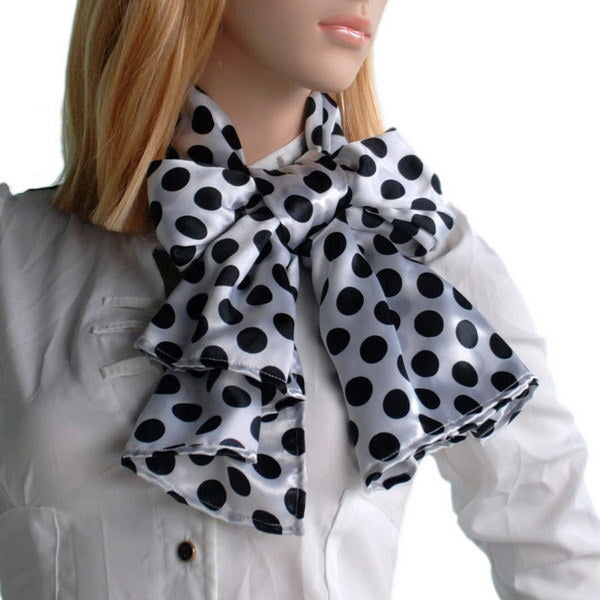 Large silk scarf neck wrap, black polka dots on white with fluttering ends