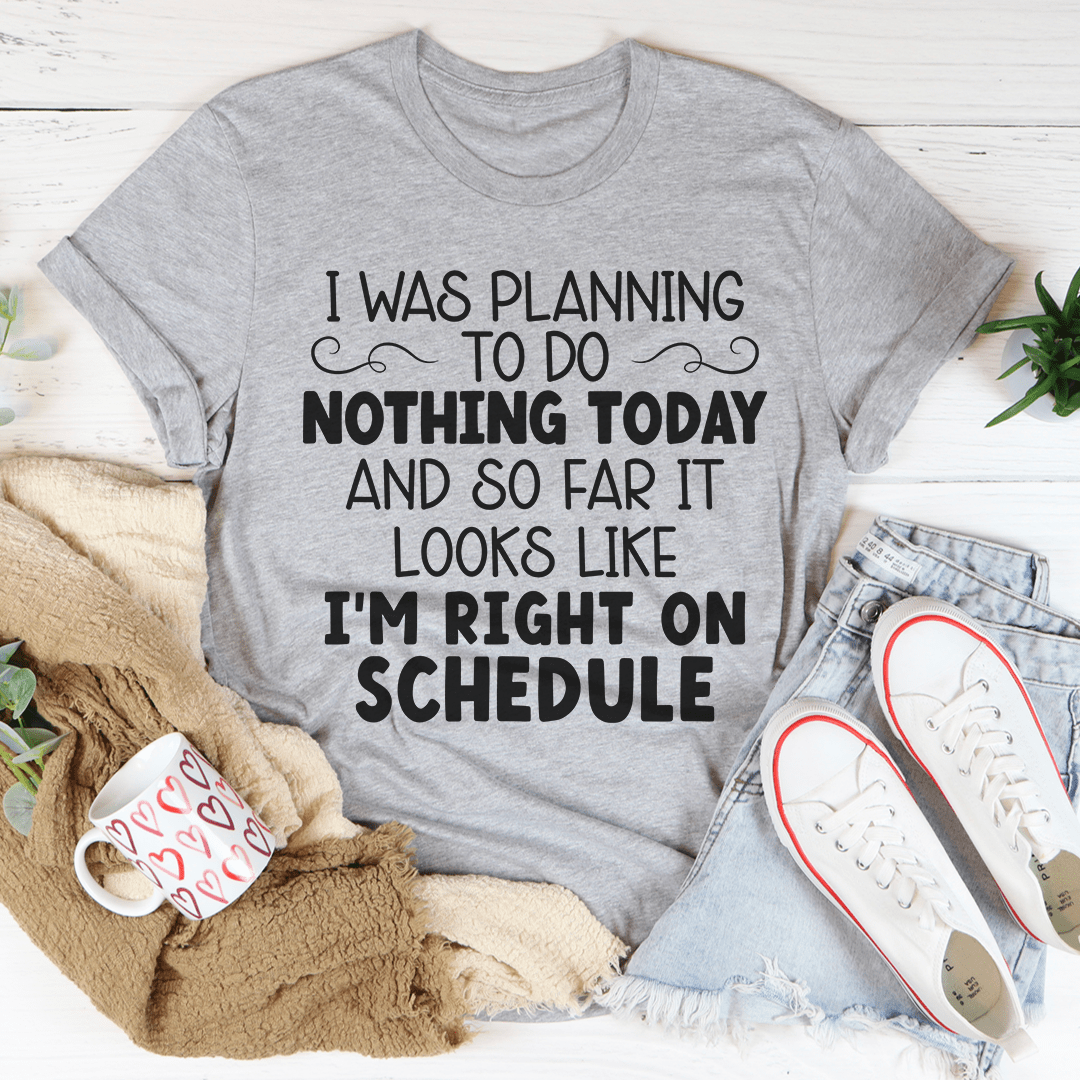 Athletic heather gray T-shirt with 'I'm right on schedule' slogan graphic