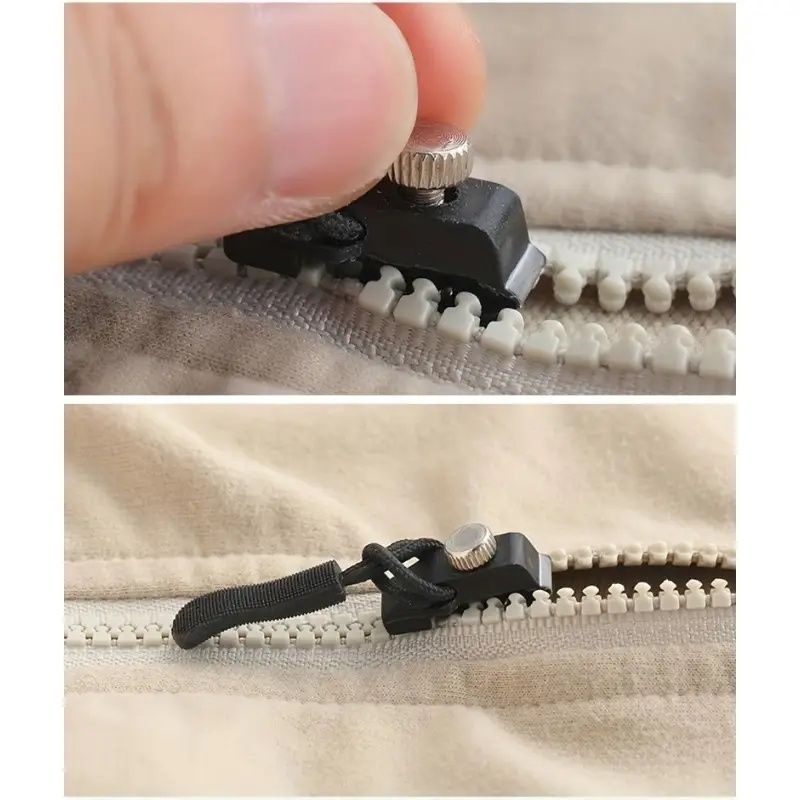 No sew zipper repair tool clamping a zipper on light fabric
