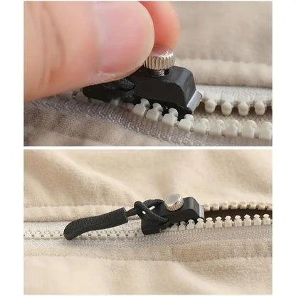 No sew zipper repair tool clamping a zipper on light fabric