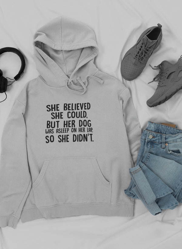 Light gray hoodie with printed motivational text, kangaroo pocket, and drawstring hood.