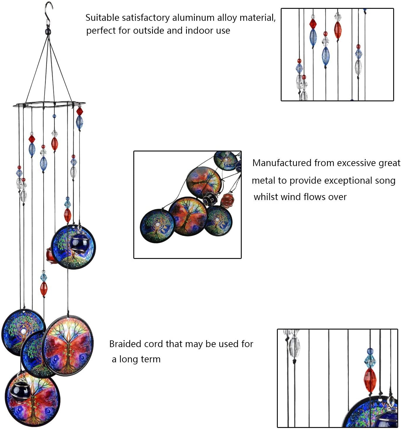 Blue metal wind chime with Tree of Life discs, crystal drops, and hanging cords