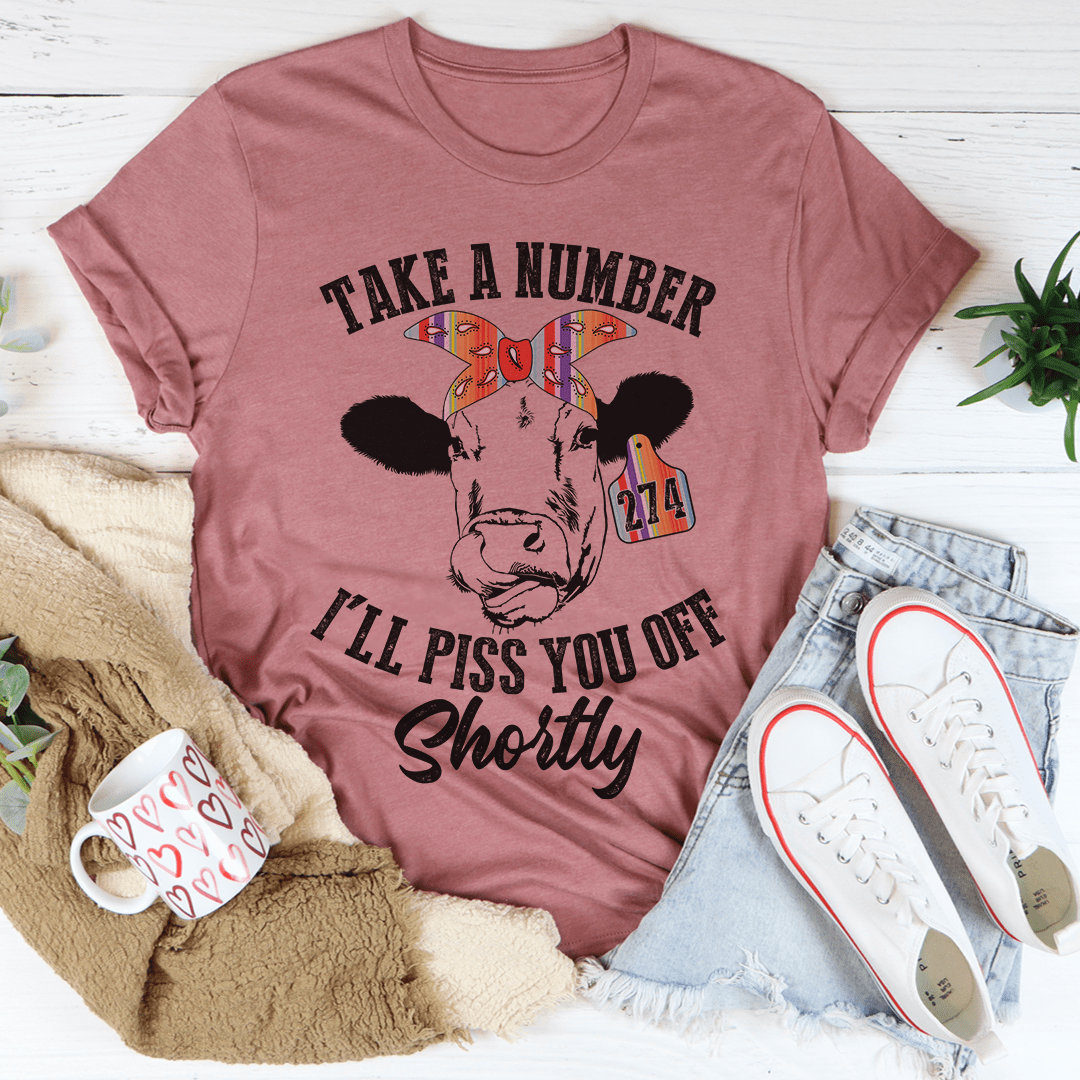 Mauve cow T-shirt with slogan graphic and 'Shortly' script, crew neck, short sleeves