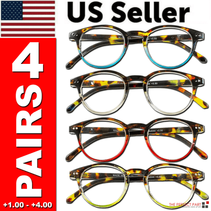 Set of reading glasses with amber tortoiseshell frames and blue details at the hinges, 4 pairs