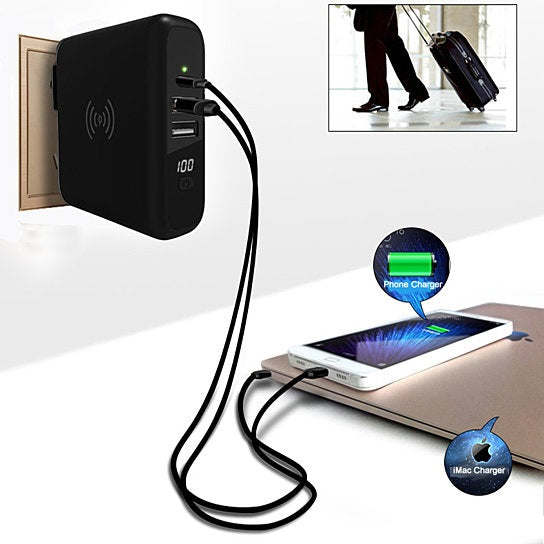 Portable travel multi-power charger, black with digital display and cable