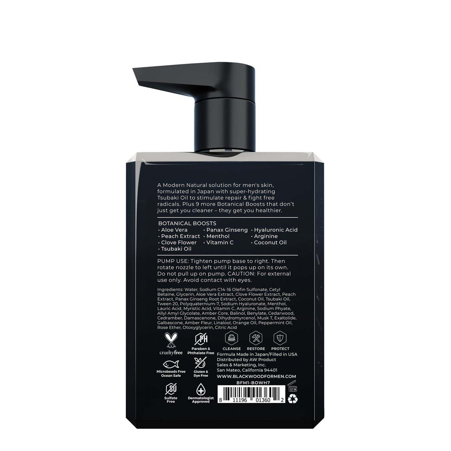 Moisturizing body wash bottle back panel with usage and ingredients, barcode