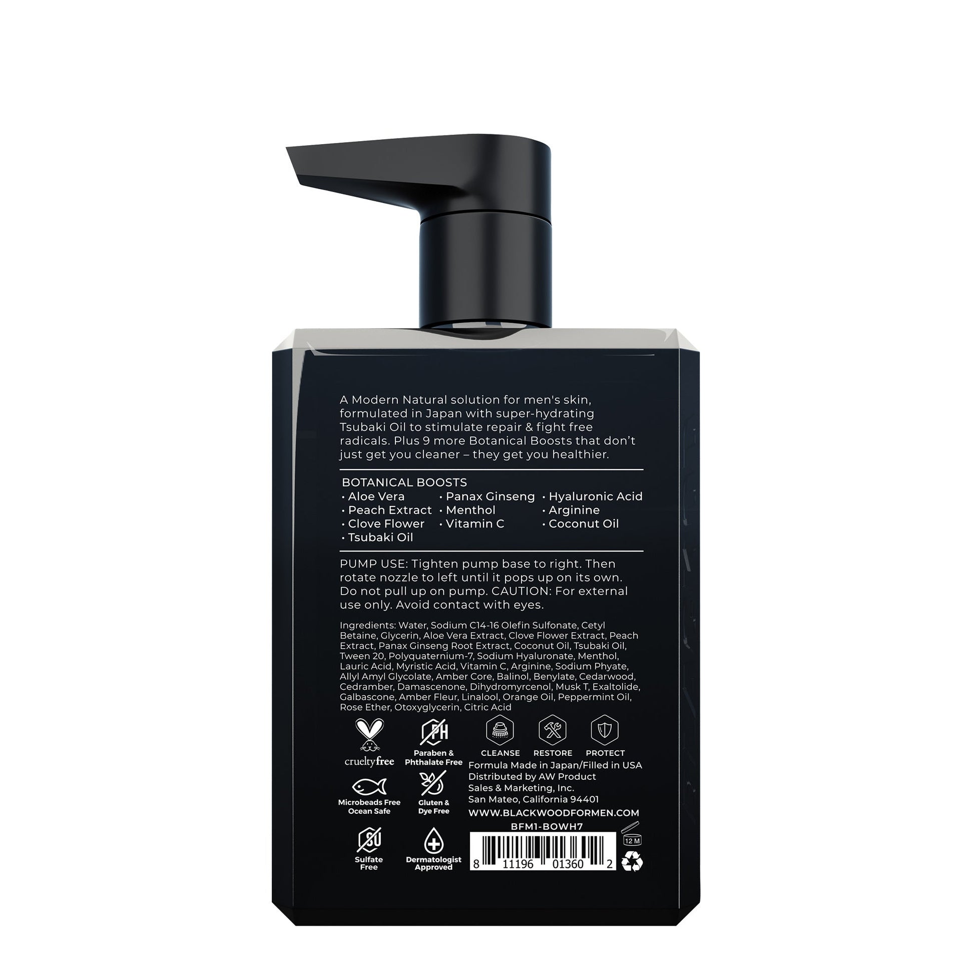 Moisturizing body wash bottle back panel with usage and ingredients, barcode