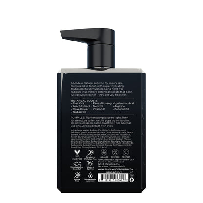 Moisturizing body wash bottle back panel with usage and ingredients, barcode