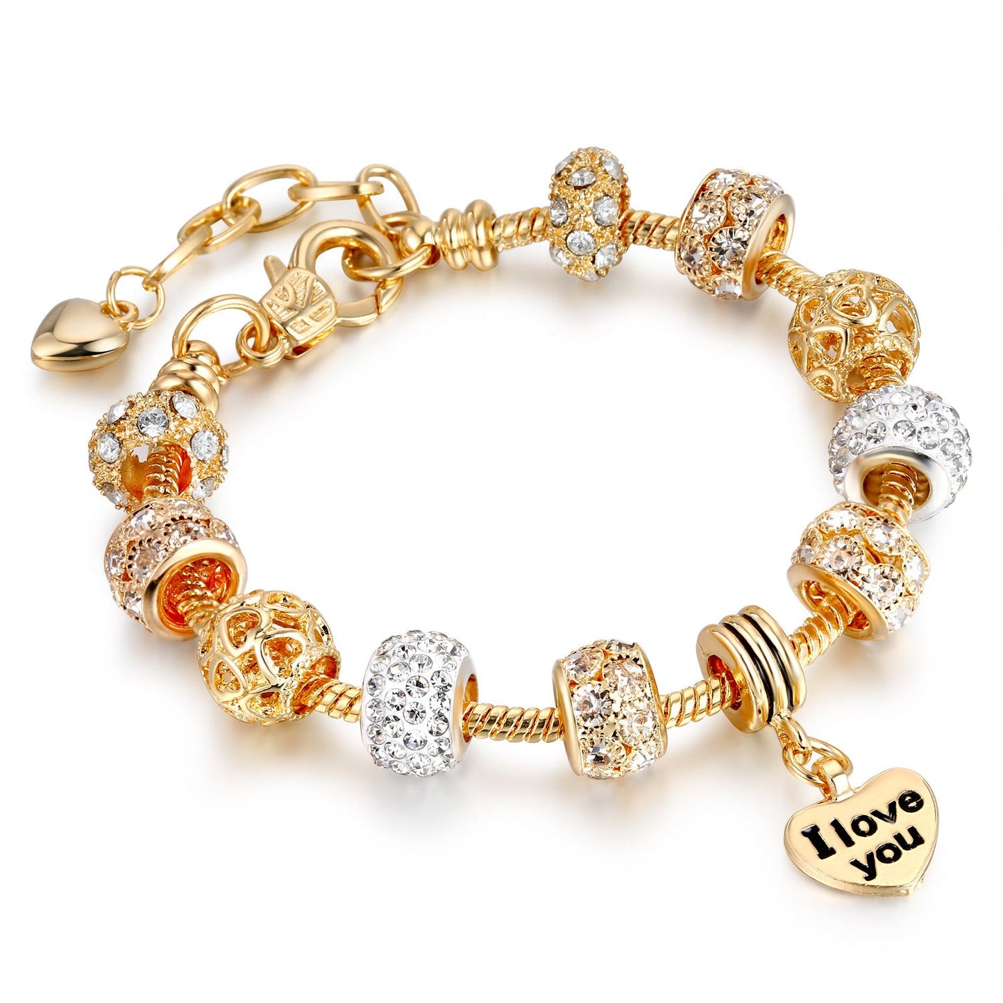 Gold plated heart charm bracelet with crystal bead stations and extender chain