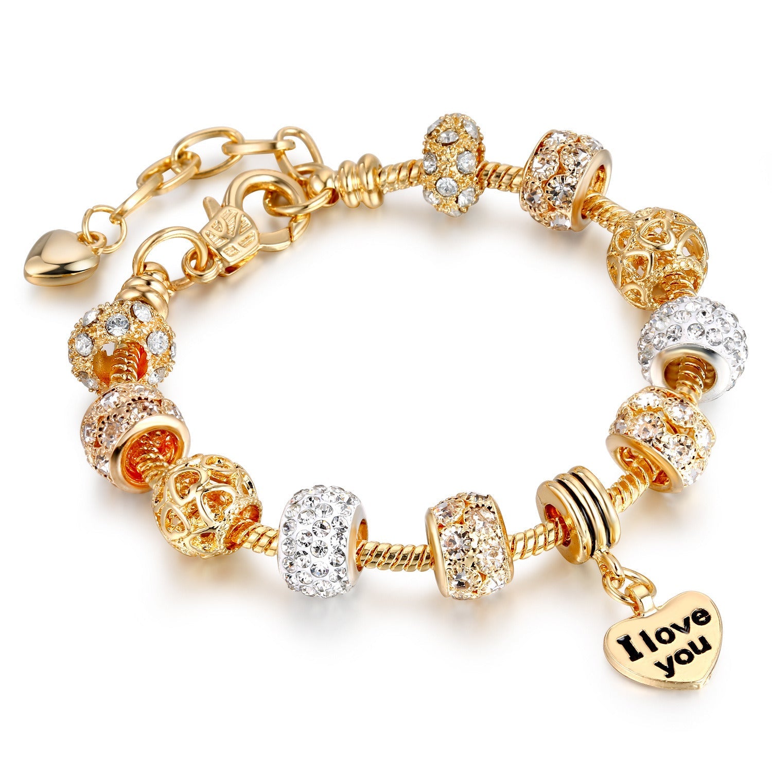 Gold plated heart charm bracelet with crystal bead stations and extender chain