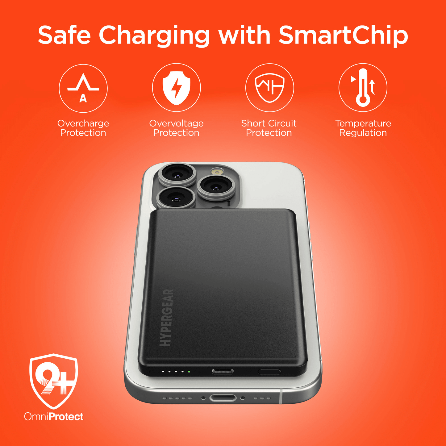 Black slim magnetic power bank on a smartphone with safety protection design