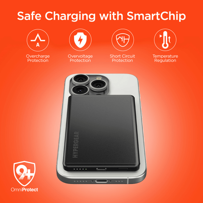 Black slim magnetic power bank on a smartphone with safety protection design