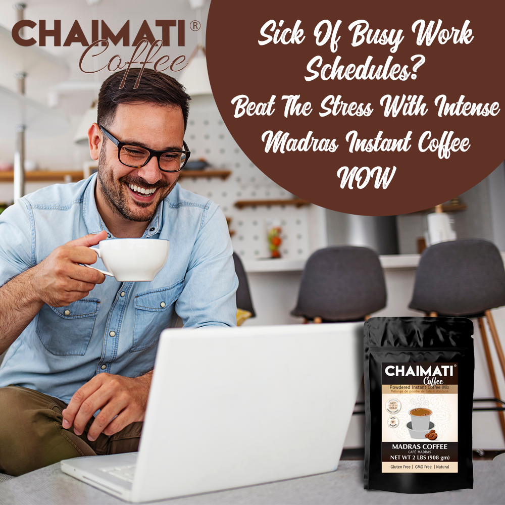Instant coffee mix pouch beside laptop, woman holding a cup