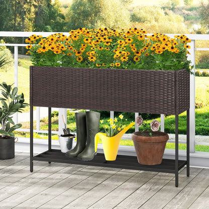 Raised Wicker Garden Bed with Storage Shelf and Removable Liner