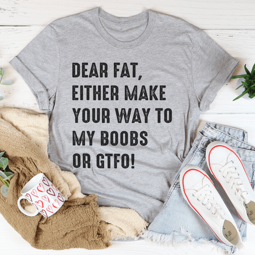 Graphic slogan "Dear Fat" T-shirt in heather gray, crew neck, short sleeves