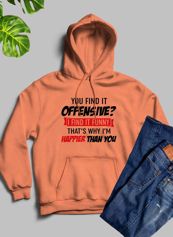 Peach hoodie with front pocket and “Offensive?” graphic print on chest