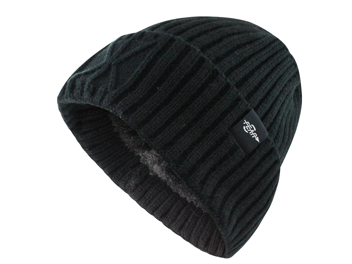 Black ribbed knit beanie with plush inner lining and Fear Zero logo patch