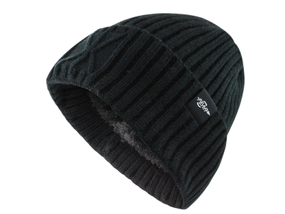 Black ribbed knit beanie with plush inner lining and Fear Zero logo patch