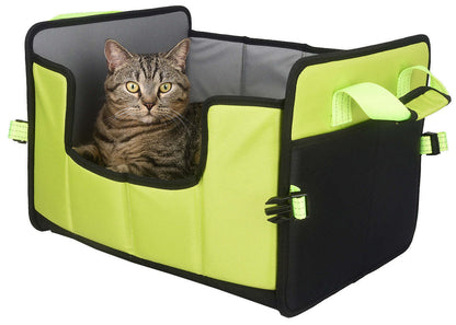 Folding travel pet bed in lime green and black with cat resting inside
