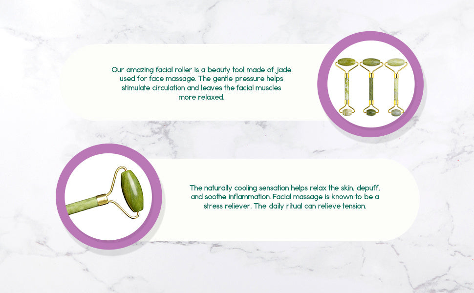 Jade facial roller with green stones and gold-toned frame
