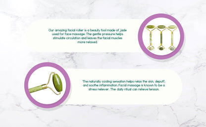 Jade facial roller with green stones and gold-toned frame