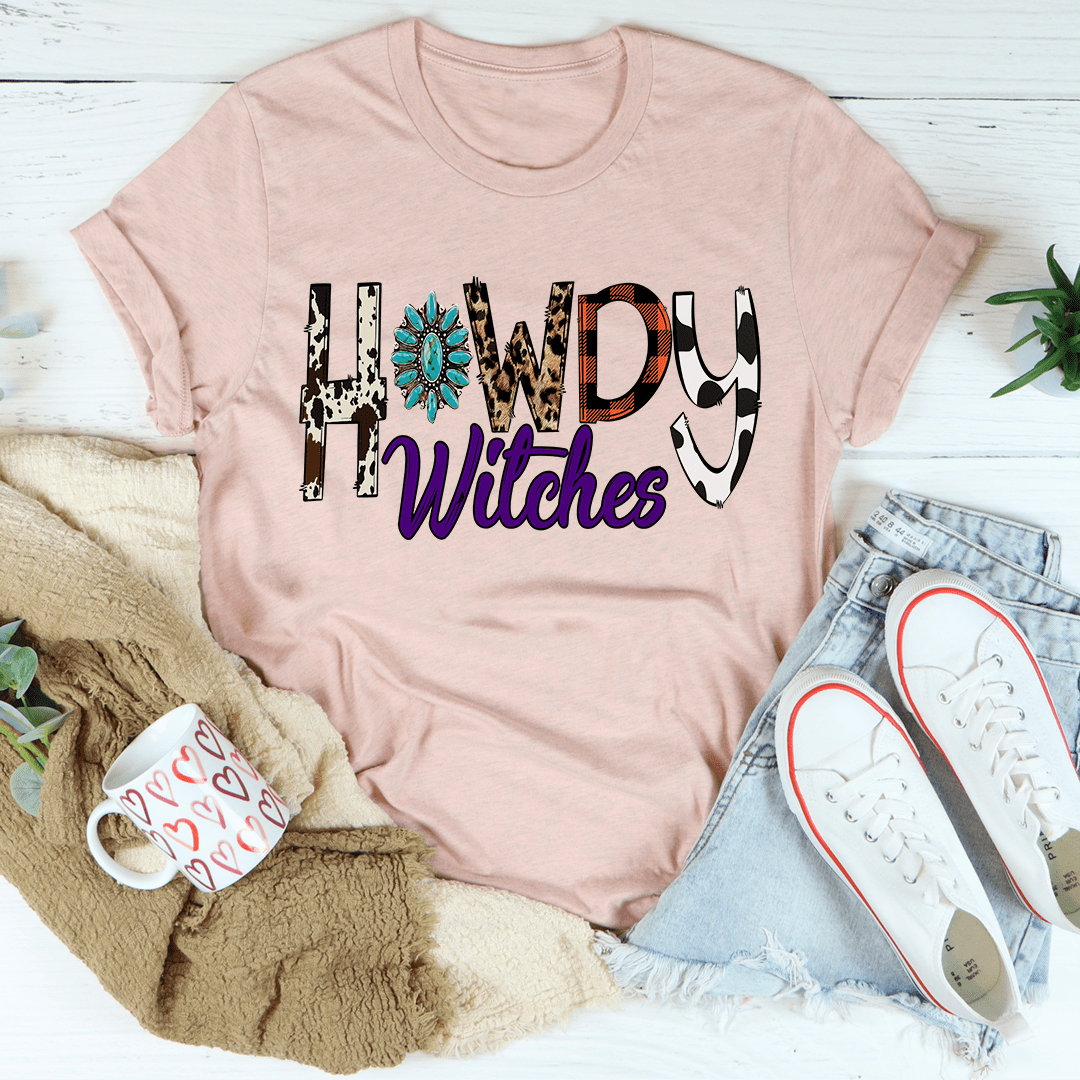 Pink crewneck T-shirt with large Howdy Witches graphic front