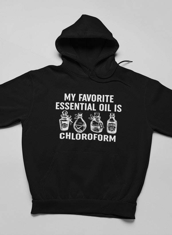 Black hoodie with pullover hood and front chest graphic text