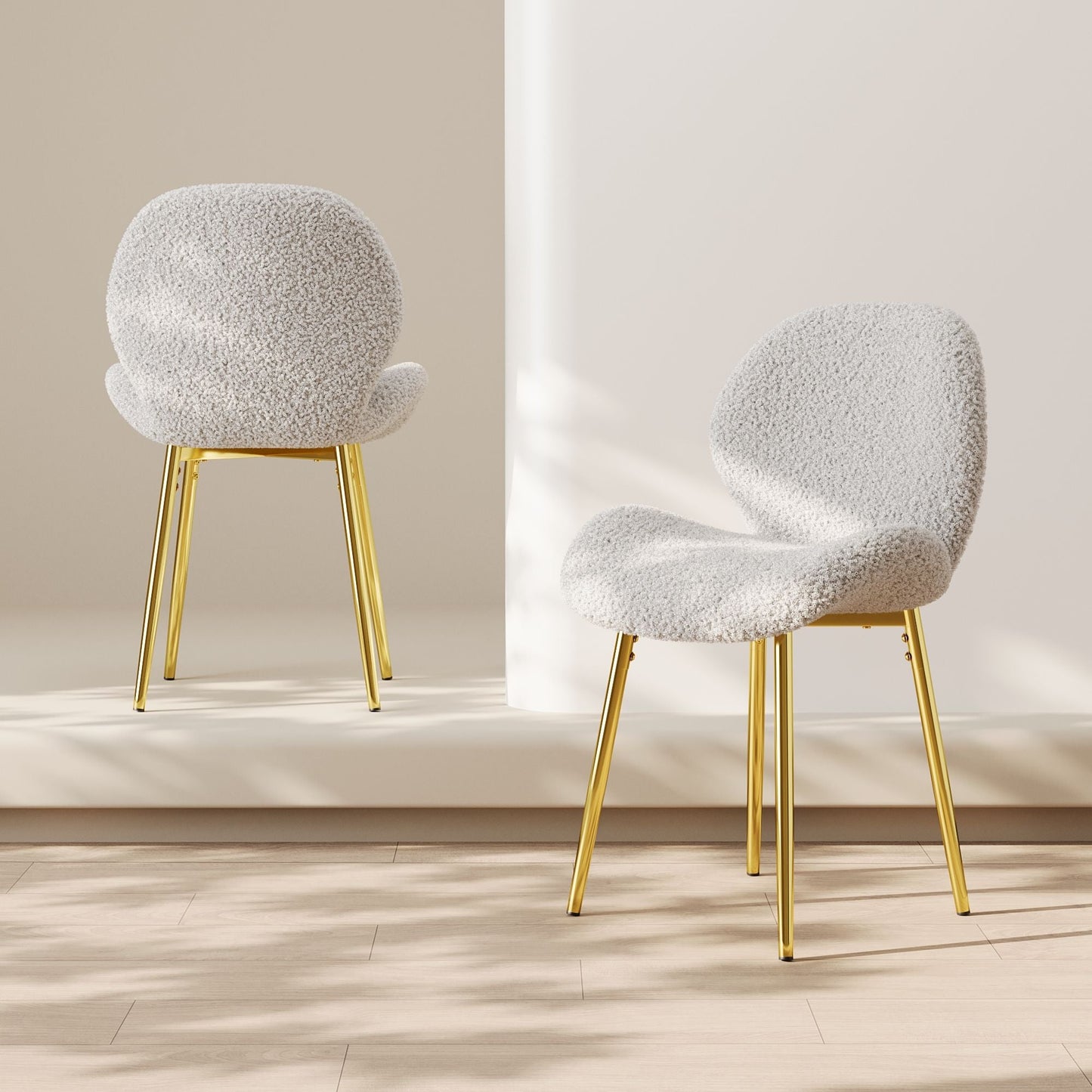 Modern minimalist white teddy velvet Dining Chairs Set of 2 with sturdy gold metal legs and comfortable backrest design, suitable for restaurants, kitchens, and offices.