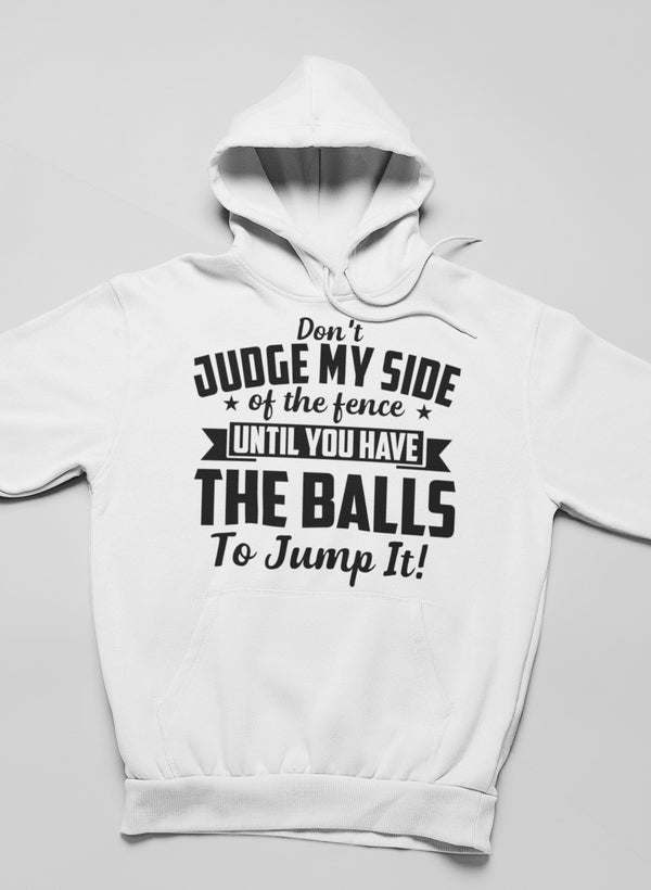 White hoodie with kangaroo pocket, drawstring hood, and bold front graphic text