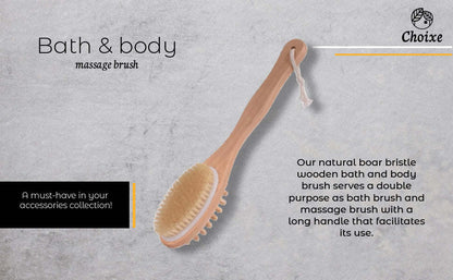 Wooden bath and body massage brush with rounded boar bristle head