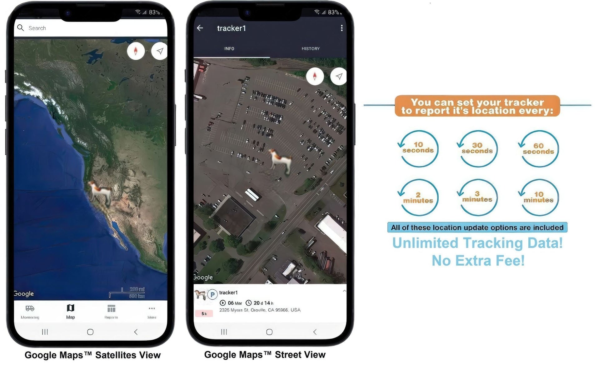GPS tracking app on two phones showing satellite and street map views