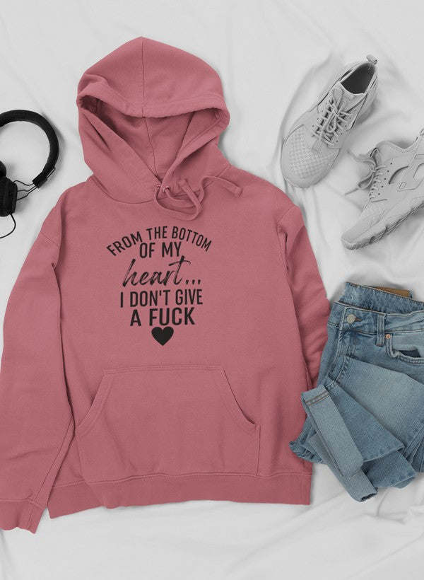 Dusty pink pullover hoodie with hood and front pocket, drawstring, printed heart slogan
