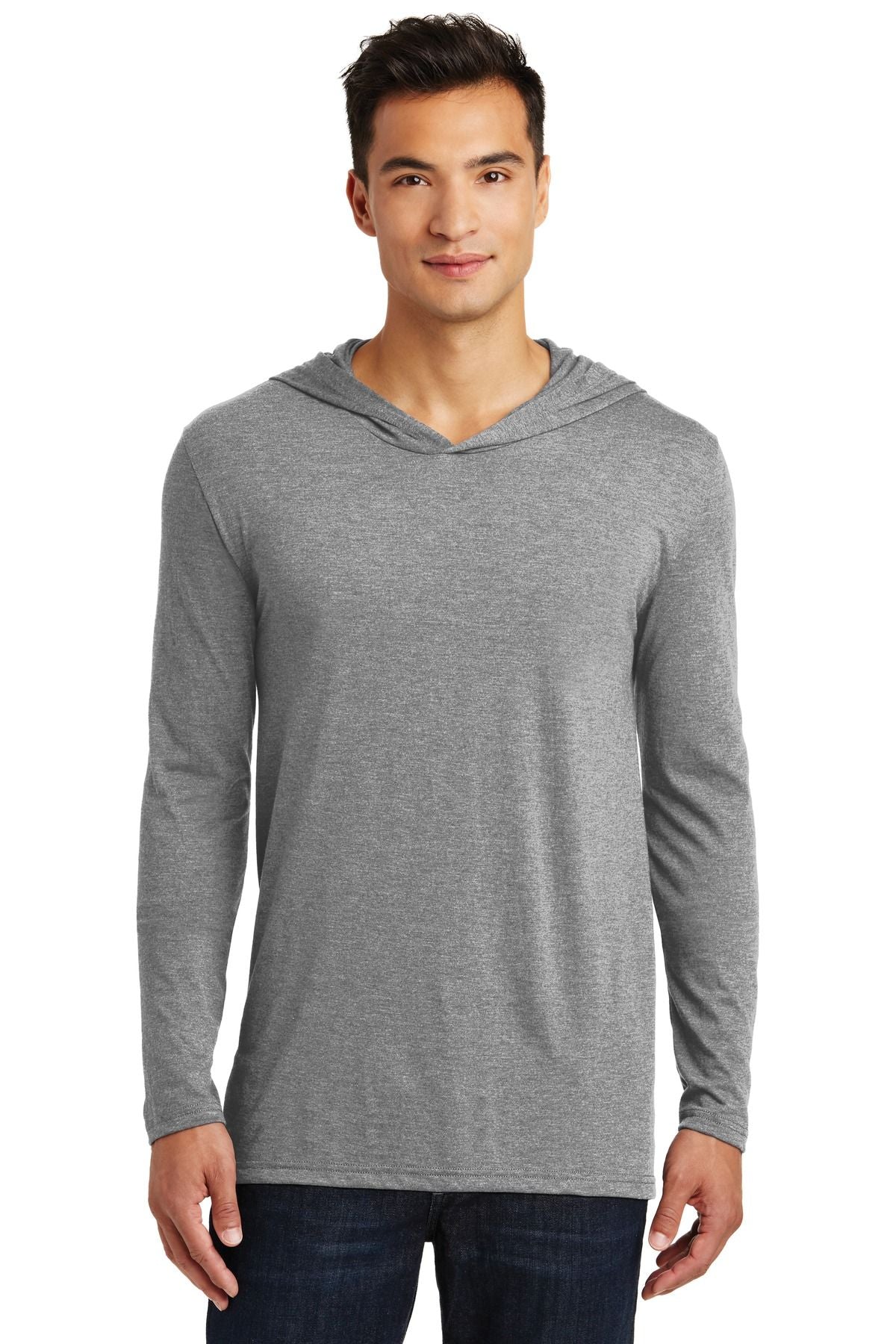 Grey long sleeve hoodie with front hood and kangaroo pocket