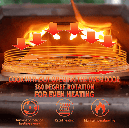 12-inch Automatic Rotating Pizza Oven with Built-in Thermometer-Portable Wood-Fired Pizza Oven, Outdoor Kitchen Authentic Stone-Baked Pizza, Independent Carbon Grill, Wheel-equipped Pizza