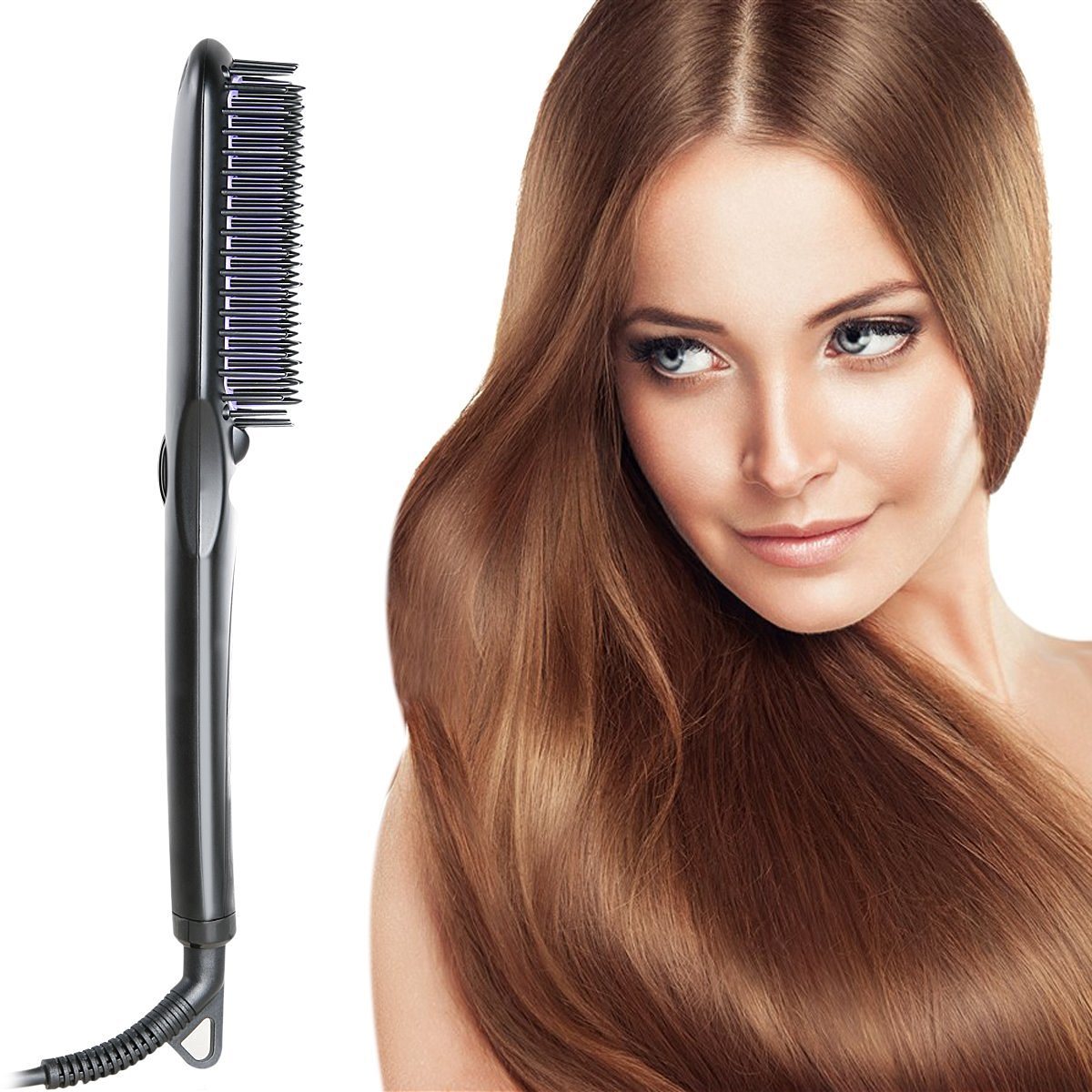 Electric hair straightening comb with narrow heated plates and corded handle