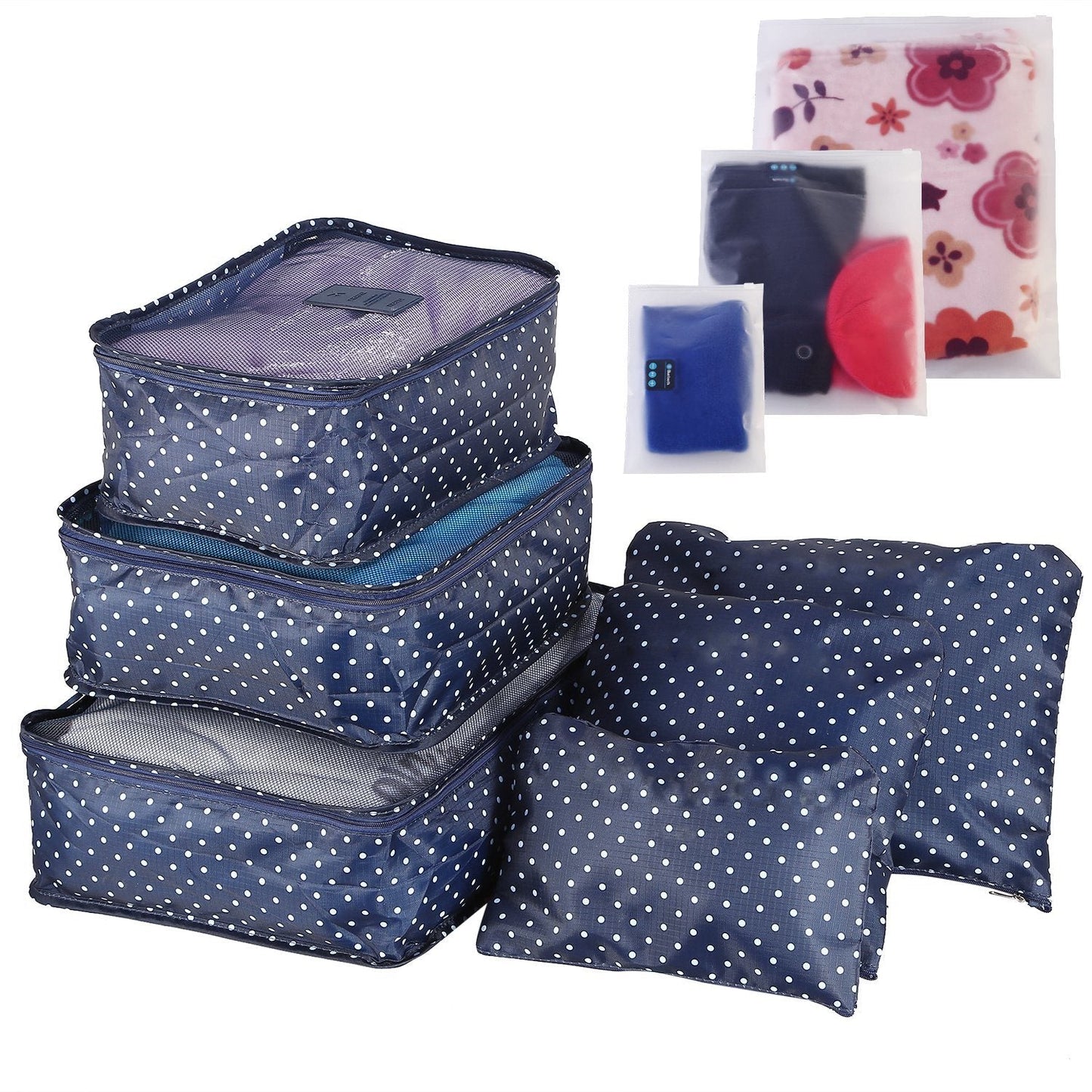 Navy polka dot travel packing cube set with zippered compartments and mesh top panel
