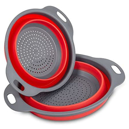 Collapsible silicone colander set of 2: red perforated strainer with gray outer bowl