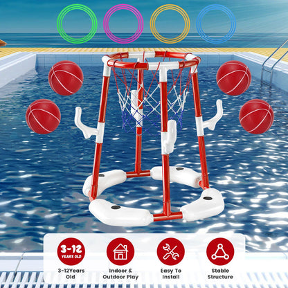 Summer Pool Basketball Hoop Toy Set With 4 Basketballs 4 Circles Pump Floating Swimming Pool Basketball Games Poolside Water Play Toy For 3-12Years Old Kids Adults