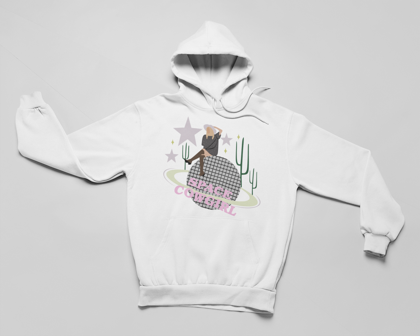 Soft cream Space Cowgirl hoodie with front graphic and pullover hood
